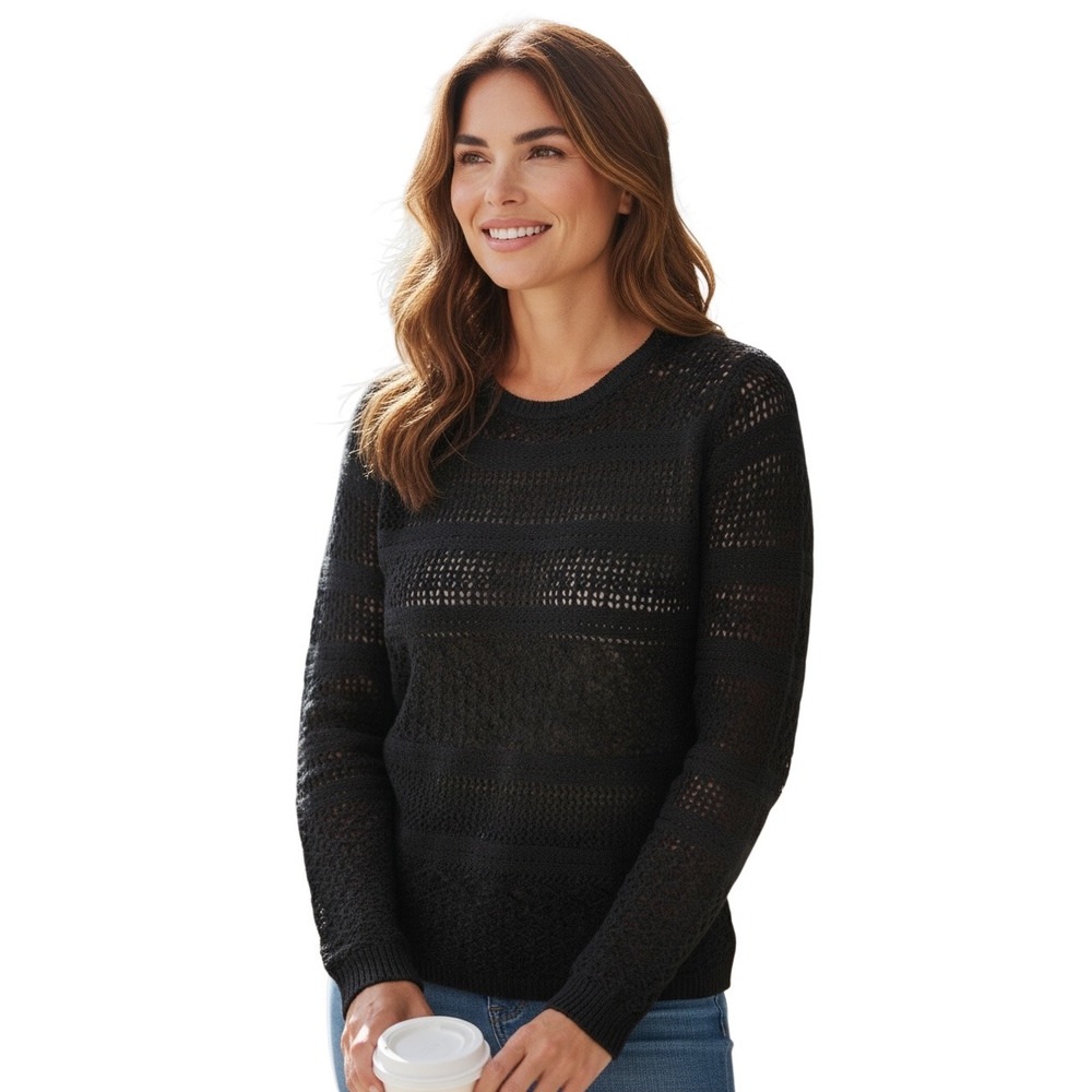 Lauren Ralph Lauren Black Open Knit Crochet Lined Sweater Crew Neck Large